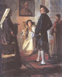 Николай Неврев. Пётр 1 в иноземном наряде перед матерью Натальей, патриархом Адрианом и учителем