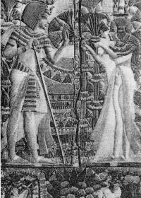 Тутанхамон с женой в саду. Рельеф. Фрагмент. Новое царство
